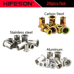 20pcs/lot Flat Head Rivet Nuts Stainless Steel Aluminum Carbon Steel Hollow Screws Insert Rivnut For M3 M4 M5 M6 M8 M10 M12