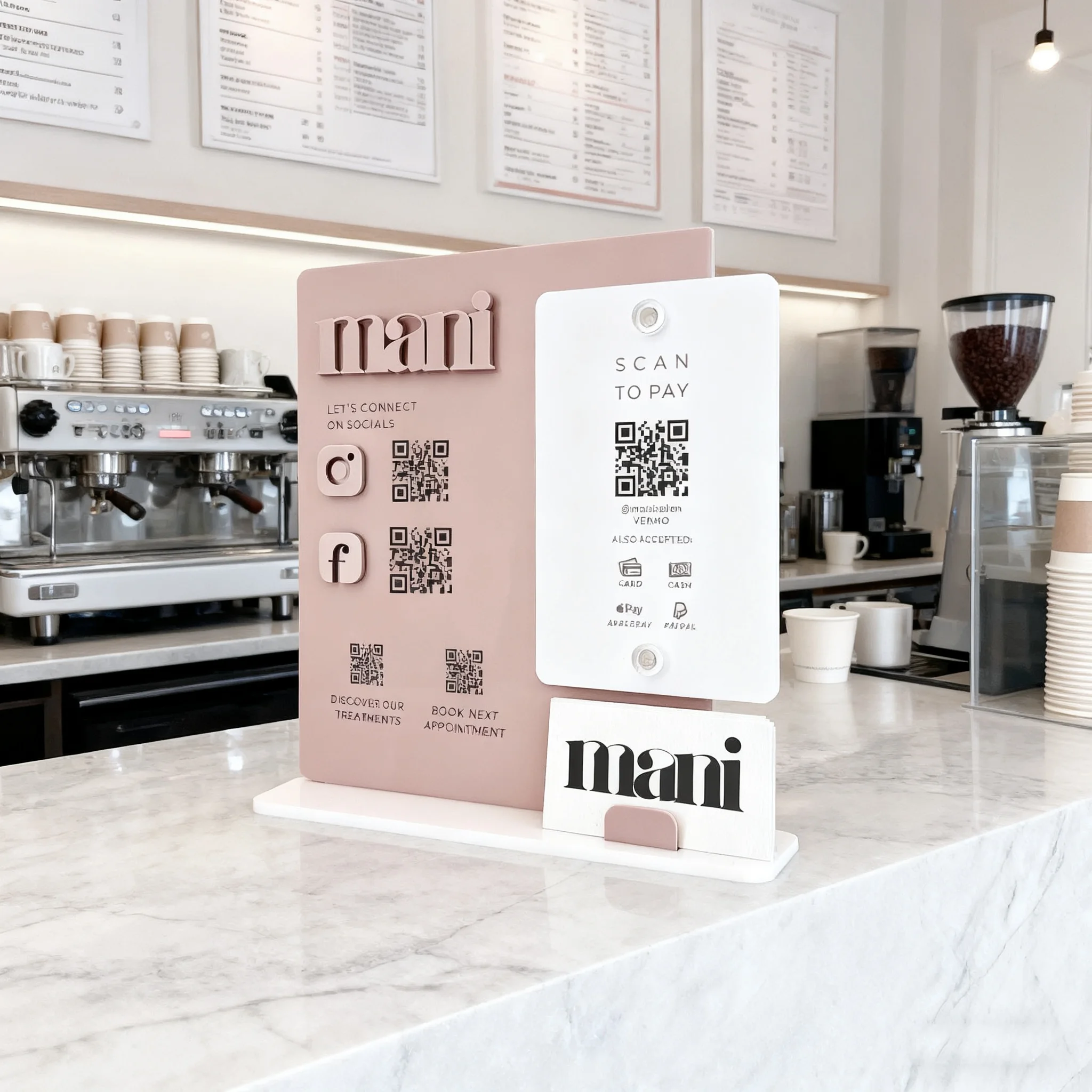 حامل مكتبي مخصص من الأكريليك مع رمز QR مخصص لدفع مراجعات Google وشعار إعلان الأعمال والوسائط الاجتماعية Dis #5