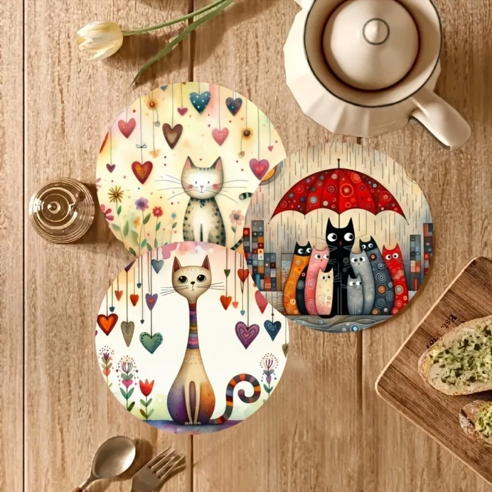 6pcs Stylish Heat-Resistant Wooden Coasters Fish Cat Dog Drink Coaster Non Slip Flower Round Mat Gifts