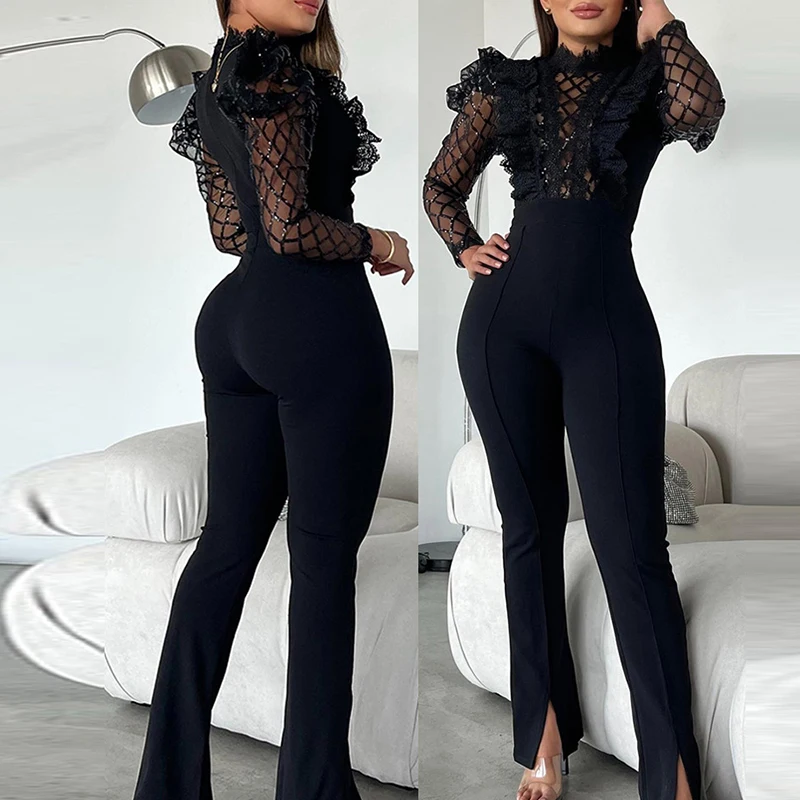 Sexy See-through Sequins Lattice Slim Jumpsuit Women High Waist Turtleneck Romper Commuter Lady Lace-Mesh Stitching Combination