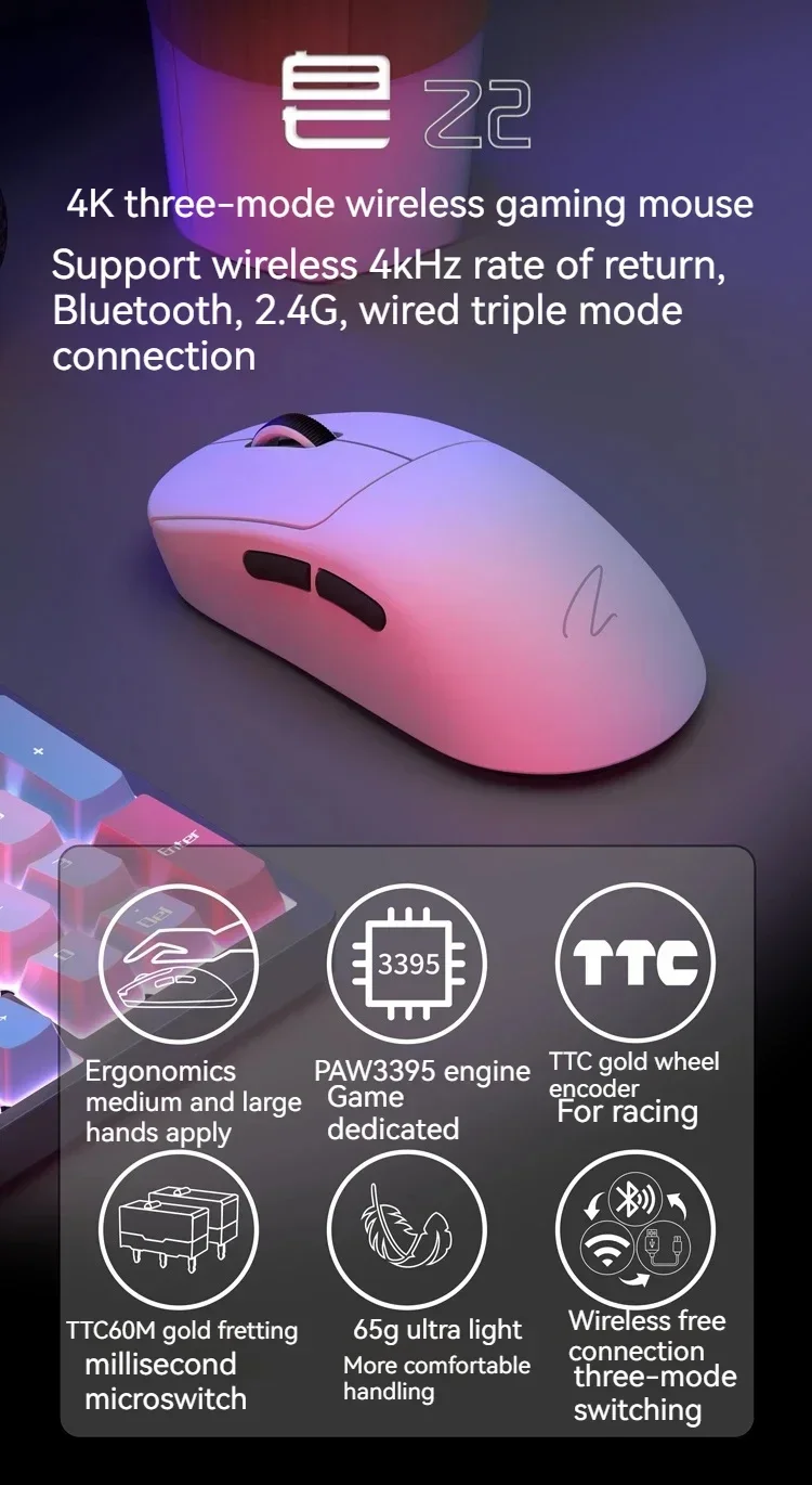 Zaopin Z2 Wireless Mouse Paw3395 Three Mode Bluetooth 1k/4k Receiver Nordic 52840 Chip 65g Mouse Ergonomics Gamer Mouse Custom