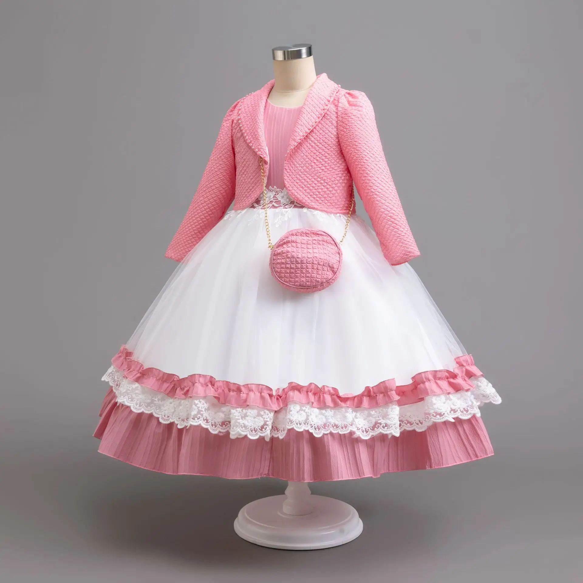

Elegant Girl Party Dress 3 PCS Set Long Sleeve Kids' Clothes with Bag 8 to 13 Years Young Girls' Formal Princess Dresses