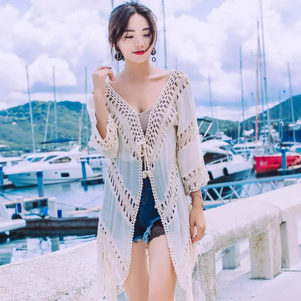 

Пляжная вязаная накидка-бикини с вырезами, женская пляжная одежда, летняя повседневная кружевная накидка-драпировка