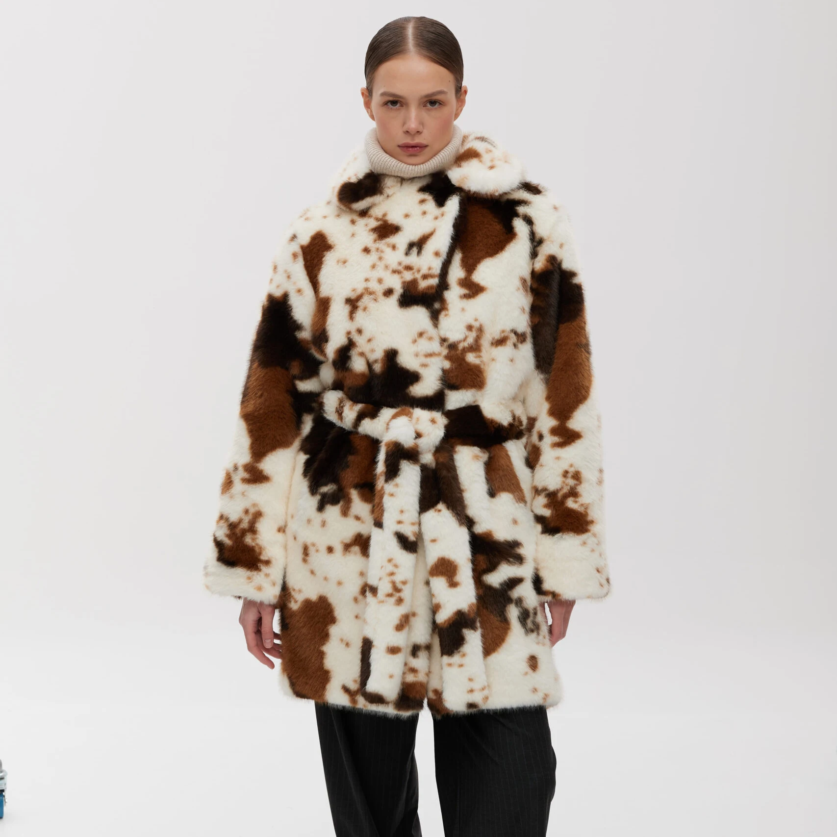 RU Women Animal Print Faux Fur Mid Length Coat Turn Down Collar With Belt Wrap Loose Warm Ladies Fluffy Fashion Outerwear
