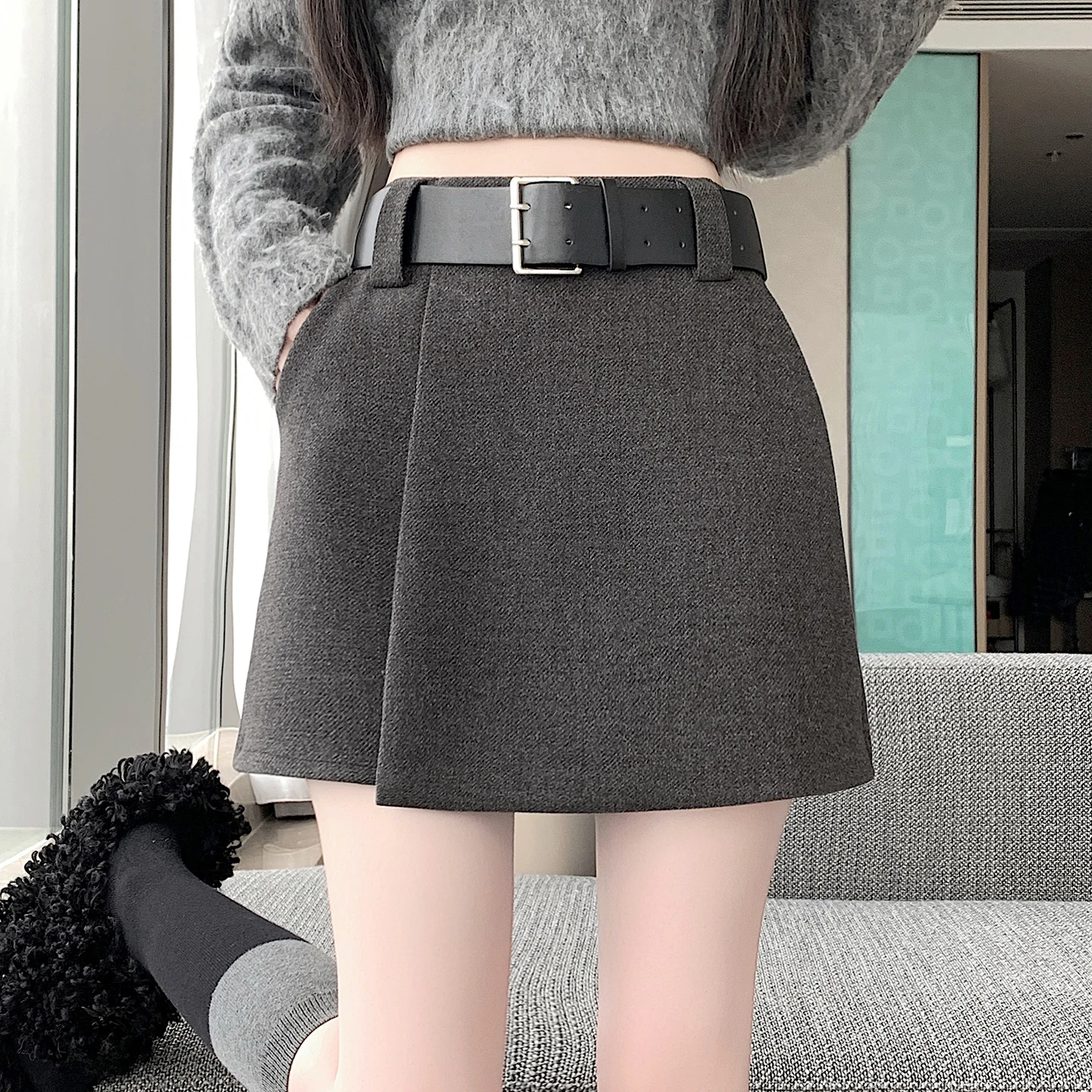 Women's Asymmetrical Hem Skirts, High Waist Flared Mini Skort for Autumn Winter, A-Line Short Skirt with Attached Shorts