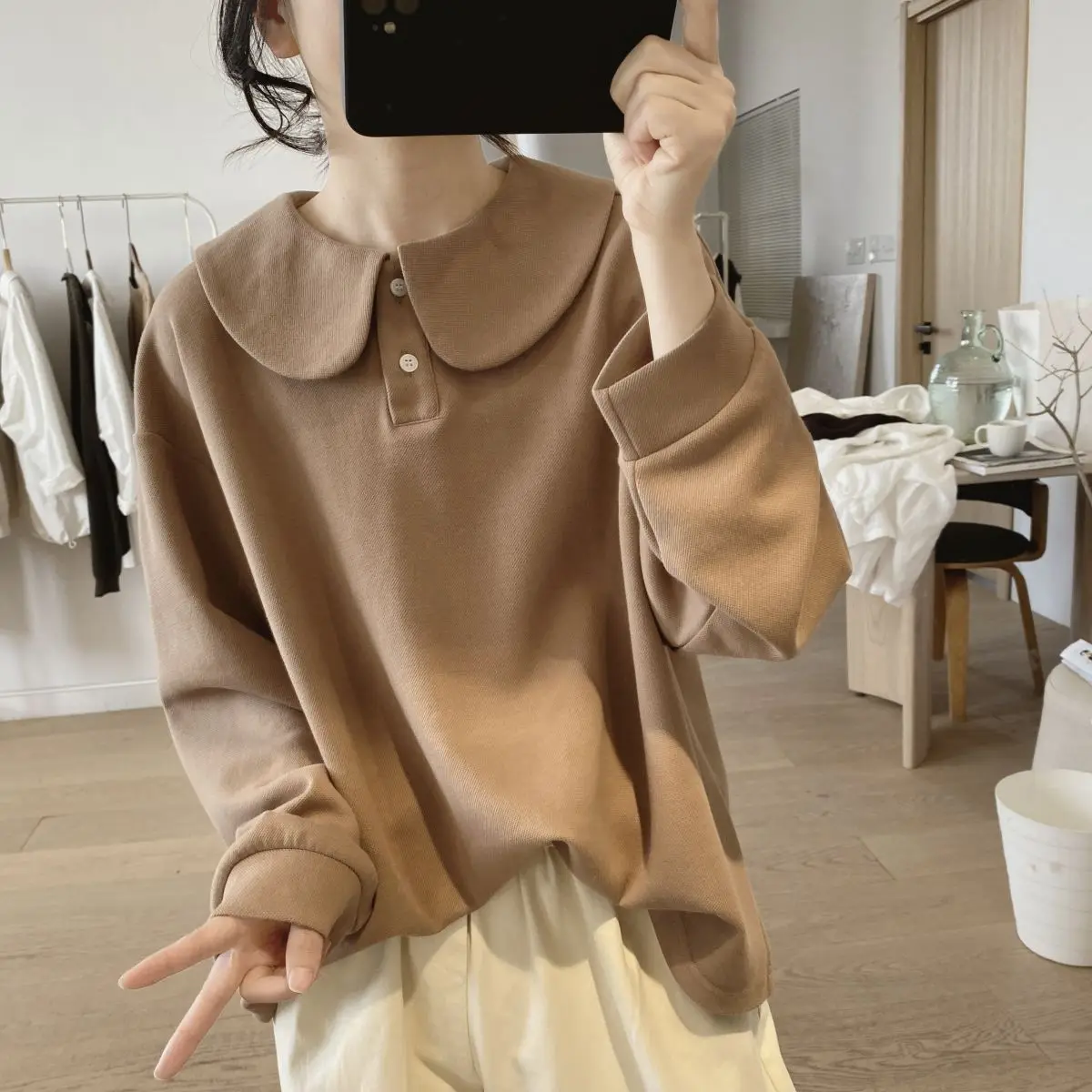 Polo Sweatshirt Women\'s Spring And Autumn 2023 New Loose Korean Design Feel Cotton Pullover Top