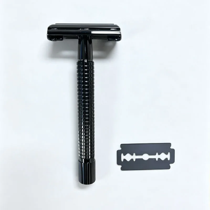 Brass Vintage Safety Razor Men, Long Grid Anti-Slip Knurled Handle Double Edge Manual Shaving Razor Reusable Classic Wet Shaver