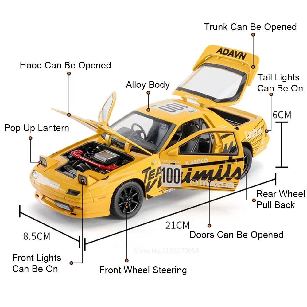 1:24 MAZDA RX7-FC Sports Car Model Toys Diecast Alloy Vehices Doors Opened Sound Light with Pull Back Models Kids Festival Gifts