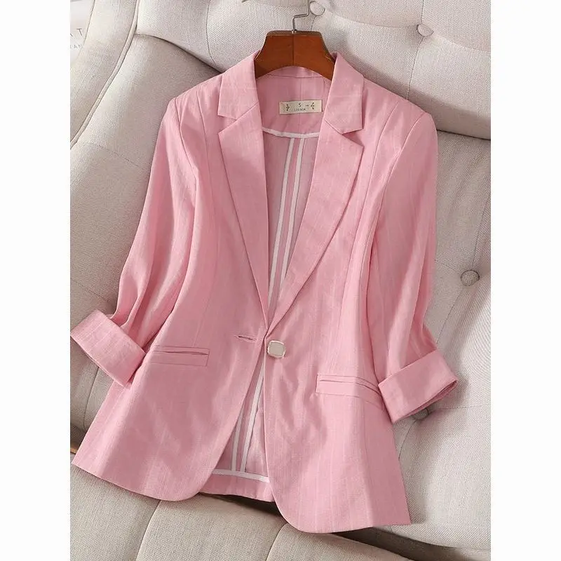 白いカジュアルなスリムフィットの女性用ジャケット、夏用薄手、七分袖、小さいサイズ、ファッショナブルな中国製、2025年春