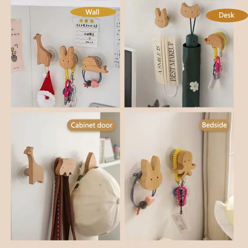 Cute Animal Wooden Hook Door Back Hook Clothes Holder Beech Wood Wall Hanging Coat Hook Key Holder With Adhesive Glue
