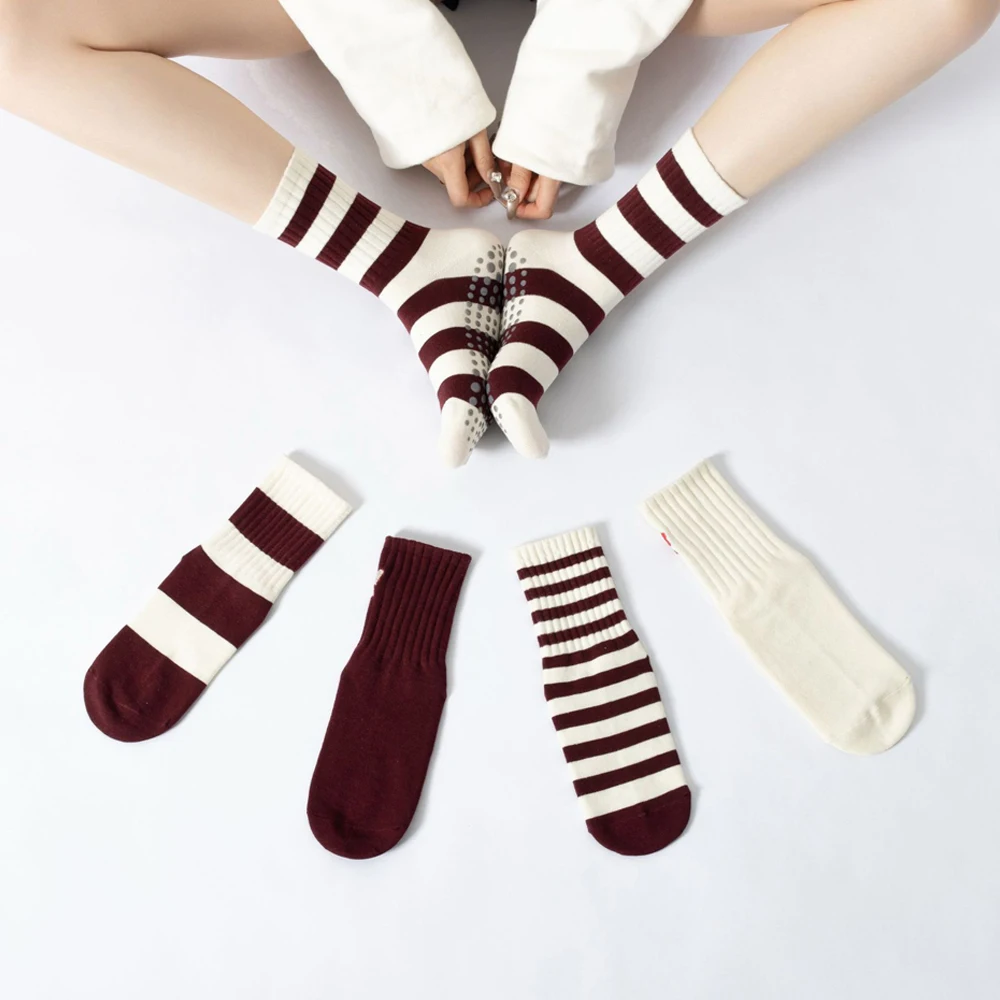 Dark Red Stripes Yoga Pilates socks for women Non-slip floor sports Calf socks Fashion all-match trend socks image 3