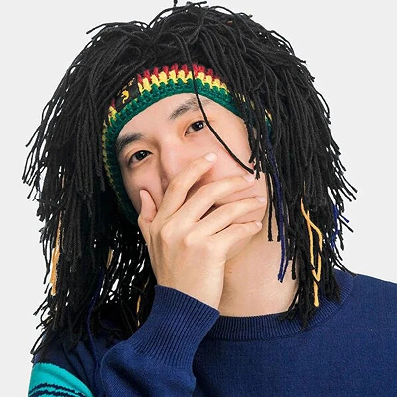 1/2pcs Jamaican Knitted Wig Braid Hat Unisex Hair Hat Handmade Fancy Wig Caps Halloween Ghost House Wig Black