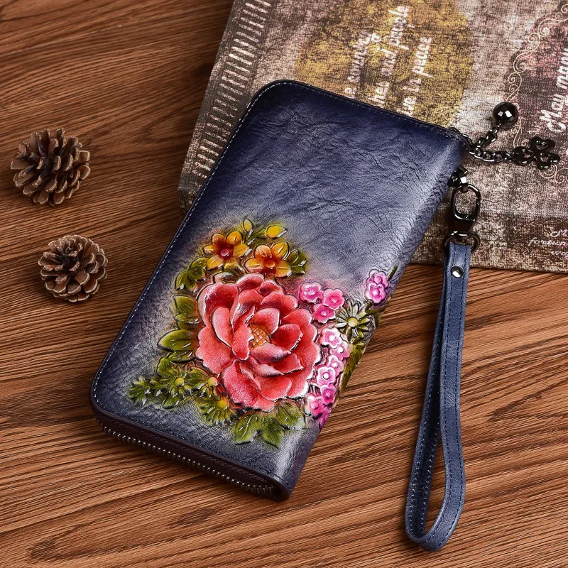 2024 New Chinese Style Retro Women Wallet Genuine Leather Long Zipper Purse Vintage Handmade Embossed Clutch Card Holder