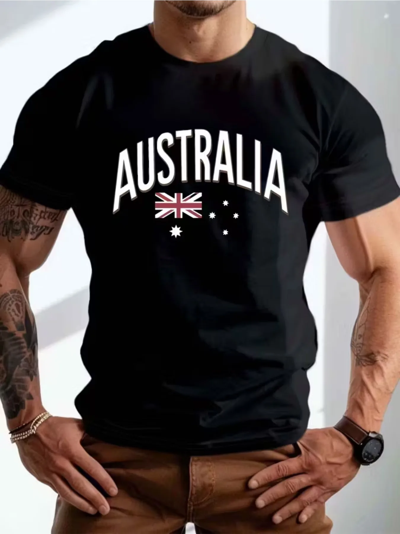 100% Pure Cotton Men's Casual Loose Australian Flag Print Breathable Sports Short Sleeved Round Neck T-Shirt Top