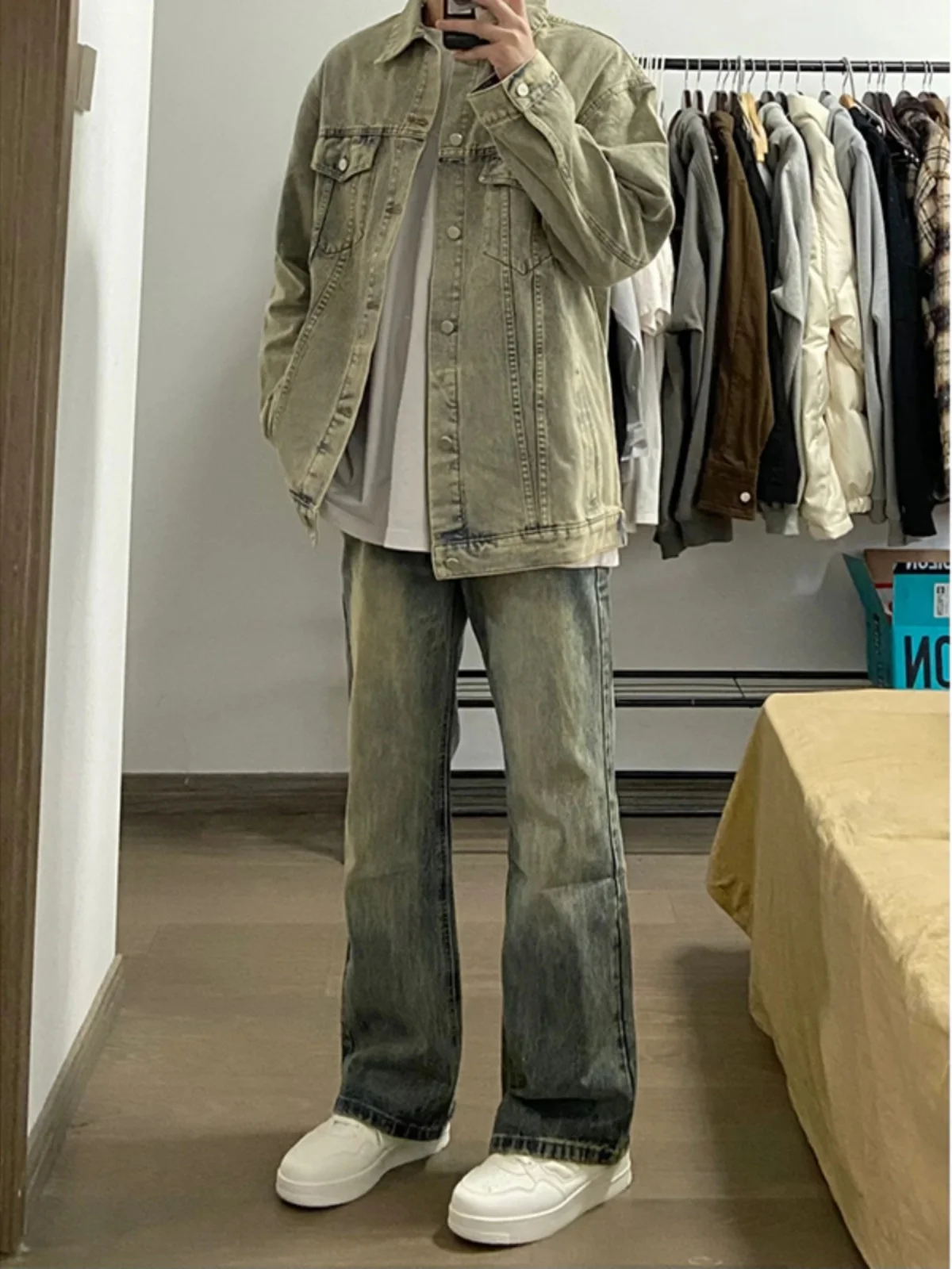 

Waed American High Street Yellow Mud Color Men's Denim Jaet Spring Autumn Casual Faion Long Sve Outerwear