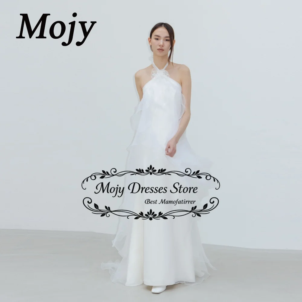 

Mojy Elegant Halter A Line Wedding Dresses Korea Photo Shoot Floor Length Bridal Gowns Layered Organza Corset Customized