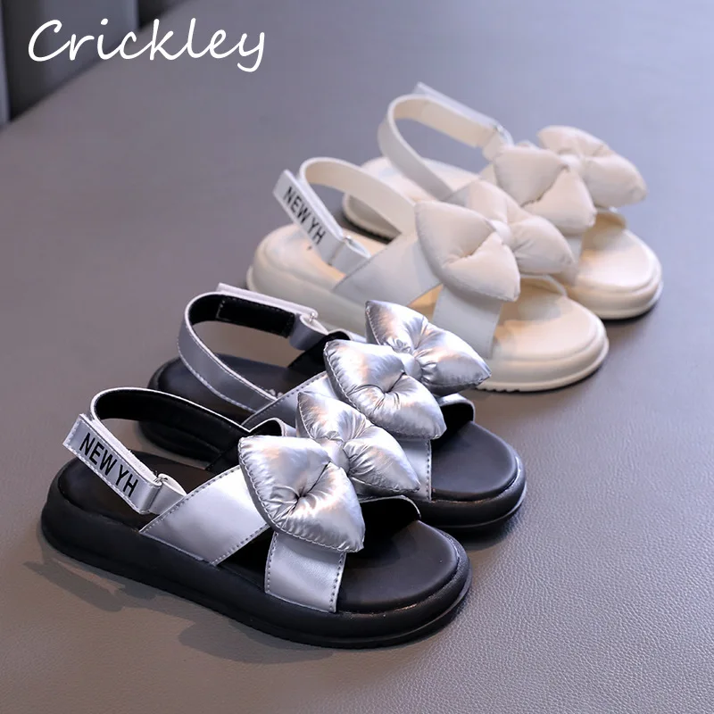 

2024 Bow Solid Girls Summer Shoes Fashion PU Anti Slip Children Sandals Comfortable Hook Loop Soft Barefoot Kids Sandals