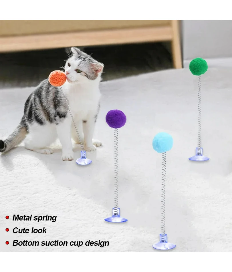 

Fur Ball Spring Cat Toy Suction Cup Multicolored Teaser Wand Pet Interactive Toys Cat Scratcher Toys Supplies Random Color