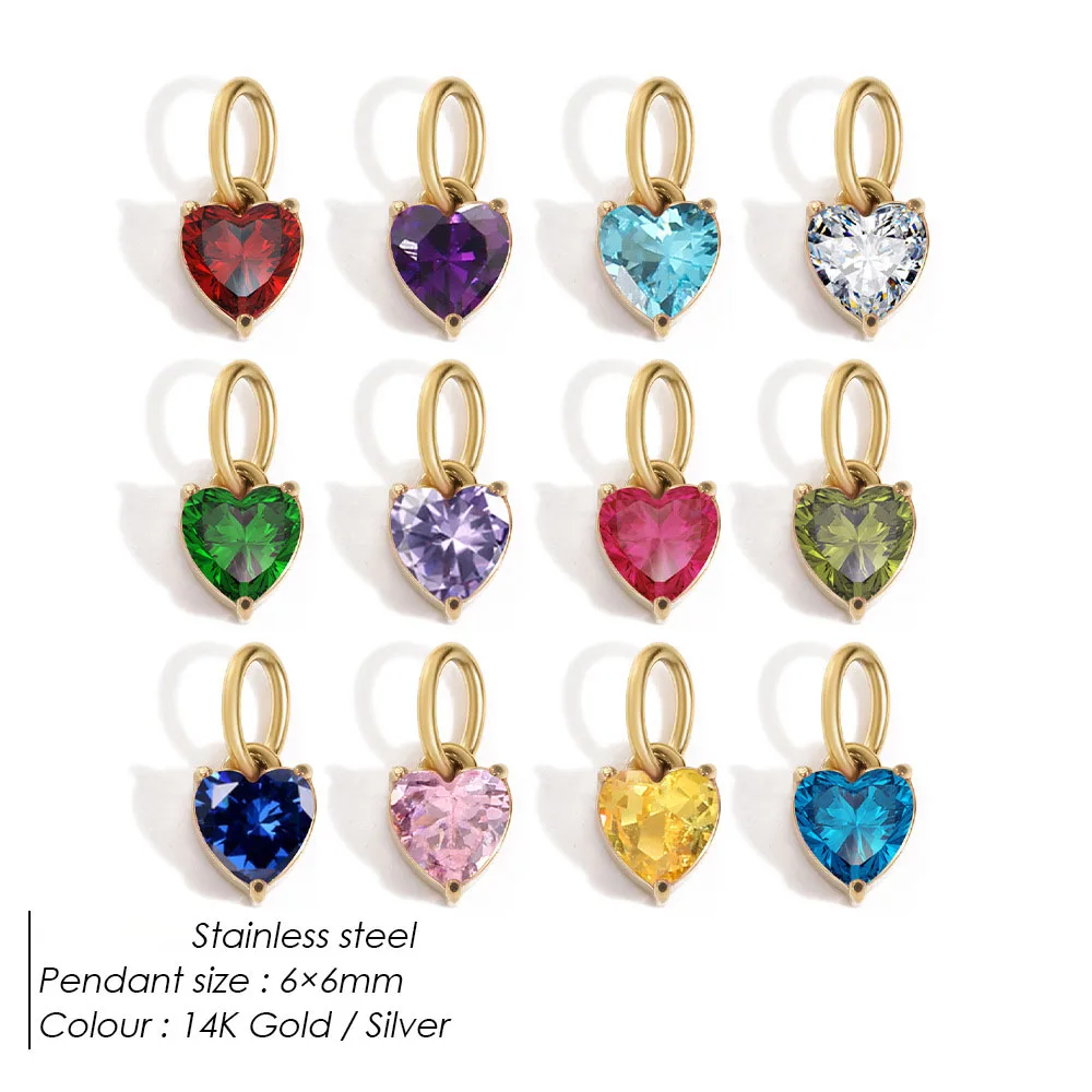 10pcs/ Bag Fashion Jewelry Stainless Steel Birthstone Zircon Pendant Heart Zircon Pendant for DIY Necklace Bracelet Making