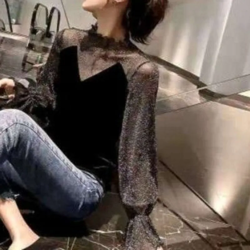 2023 Autumn and Winter Women's Half High Collar Sweater Velvet Lace Mesh Loose Relaxed Fashion Elegant Commuter Long Sleeve Tops