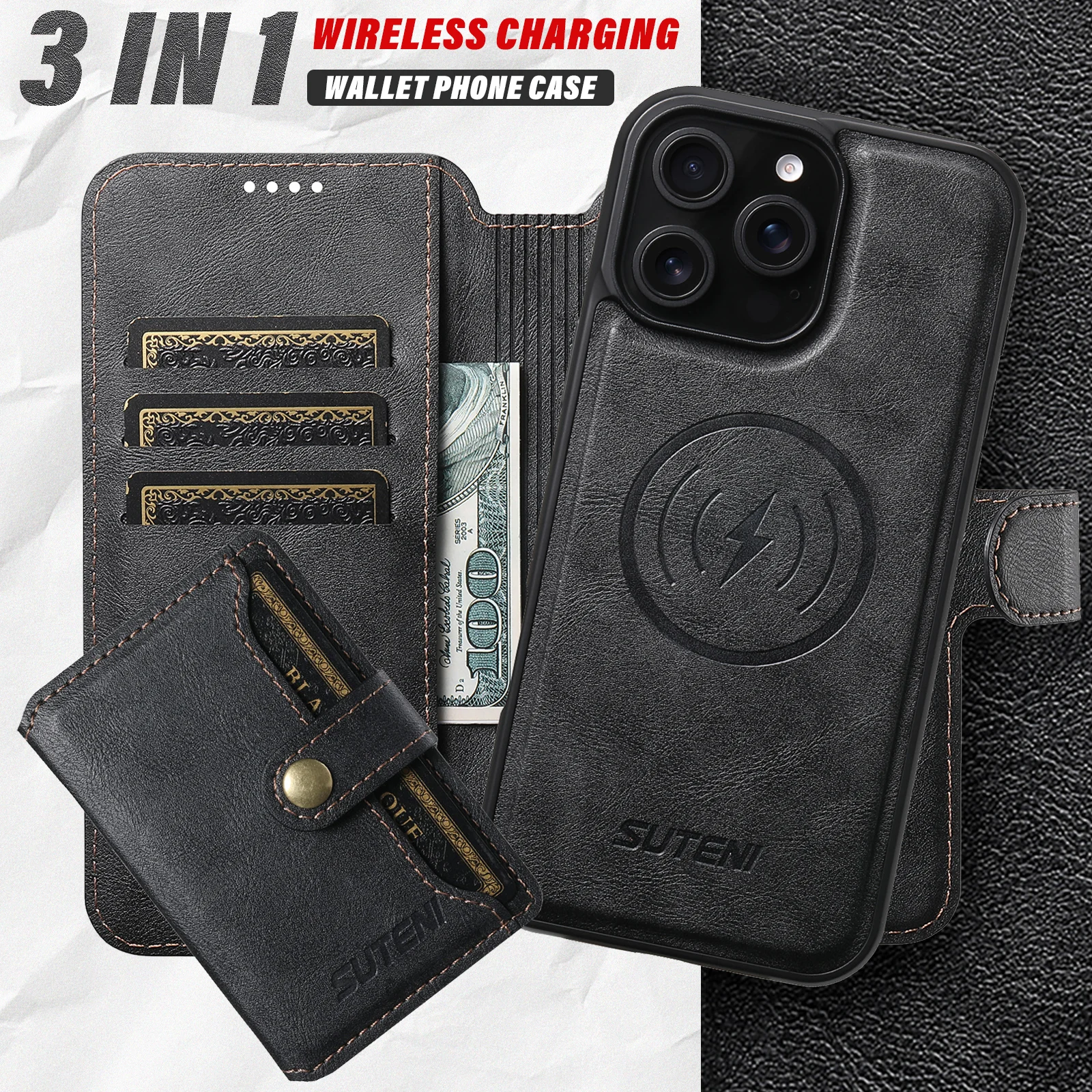 

3 in 1 Detachable Wireless Charging Magnetic Leather Wallet Phone Cover For iPhone 17 16 15 14 13 12 ProMax for MagsafeFlipCase