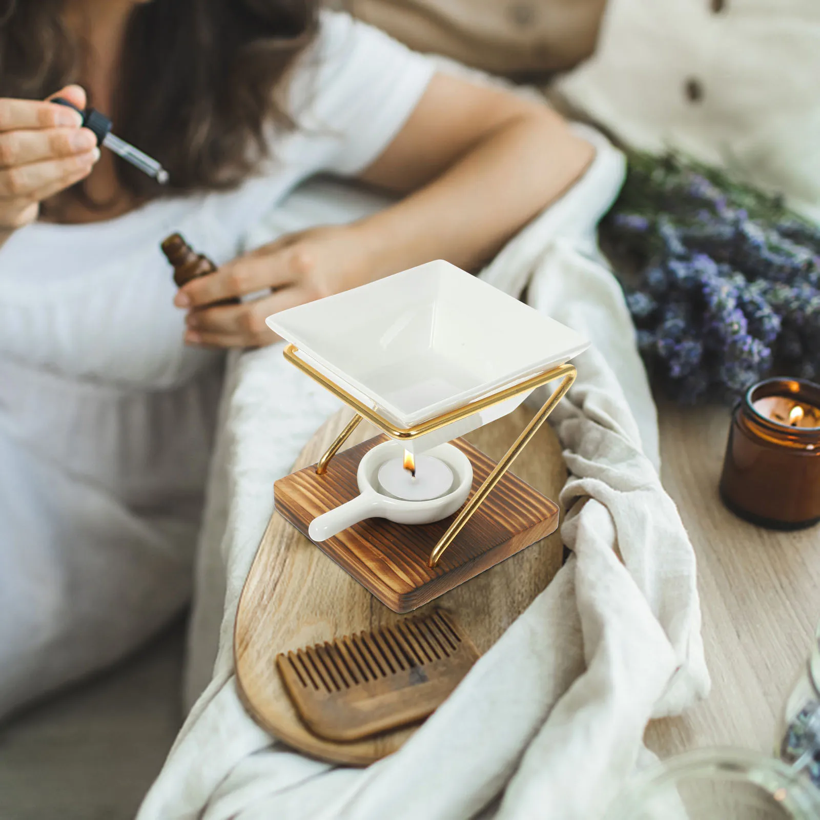 

1 Set Ceramic Holder Vintage Tea Light Oil Burner Wooden Wax Warmer Aroma Diffuser For Bedroom Living Room Office Decor