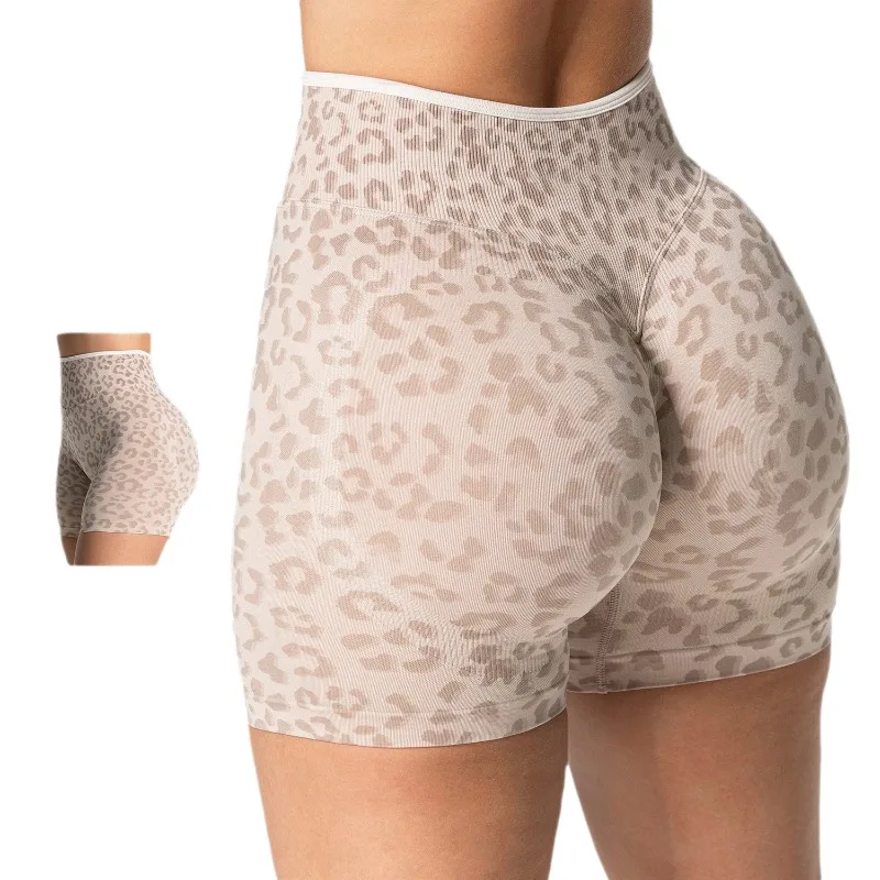 High Waist Women Seamless Leopard Print Yoga Shorts High Waist Peach Butt Lifting Side Seam Workout Running Leggings for Outdoor