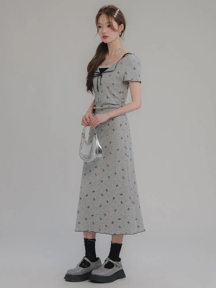 Schickes, kurzärmliges Maxi-Bodycon-Kleid in A-Linie mit Schmetterlings-Schleifenkragen, geripptes, zweiteiliges, schlankmachendes langes Kleid für den Frühling und Sommer