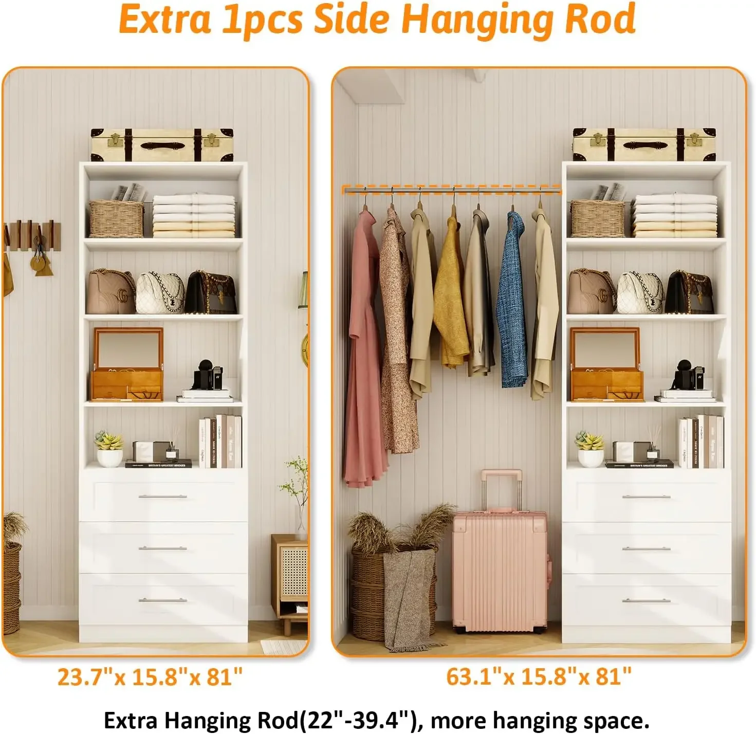 Closet System with 3 Drawers & 4 Shelves, Wood Closet Organizer System with 1 Extra Hanging Rod for Walk in Closet, Modular Clos