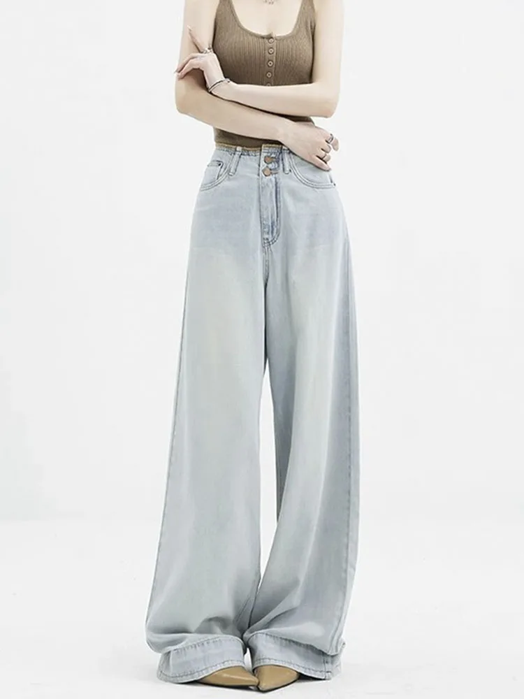 WCFCX STUDIO Y2k Aesthetic Vintage Streetwear Jeans Women Korean Baggy Fashion Jeans Blue High Waisted Wide Leg Trousers Woman