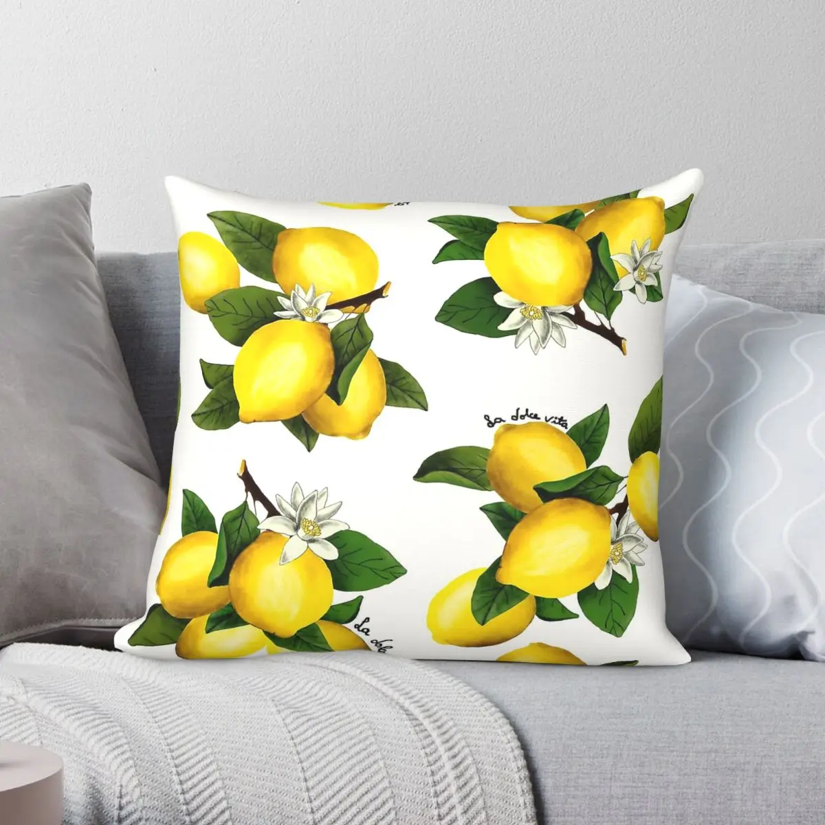 Lemons Fruits La Dolce Vita Square Pillowcase Polyester Linen Velvet Creative Zip Decor Sofa Cushion Cover