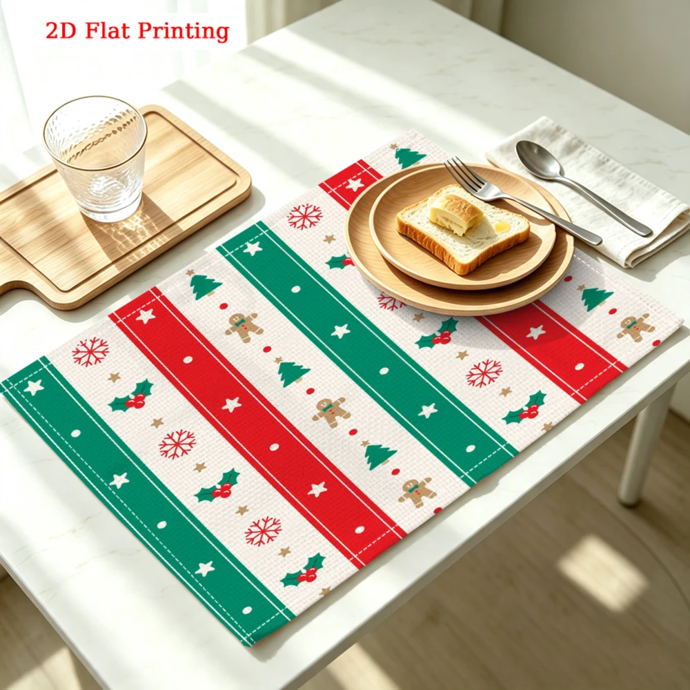 1pc Christmas Stripe Placemat Red Green White Snowflake Tree Gingerbread Table Mat Kitchen Dining Decor Protection 30x40cm