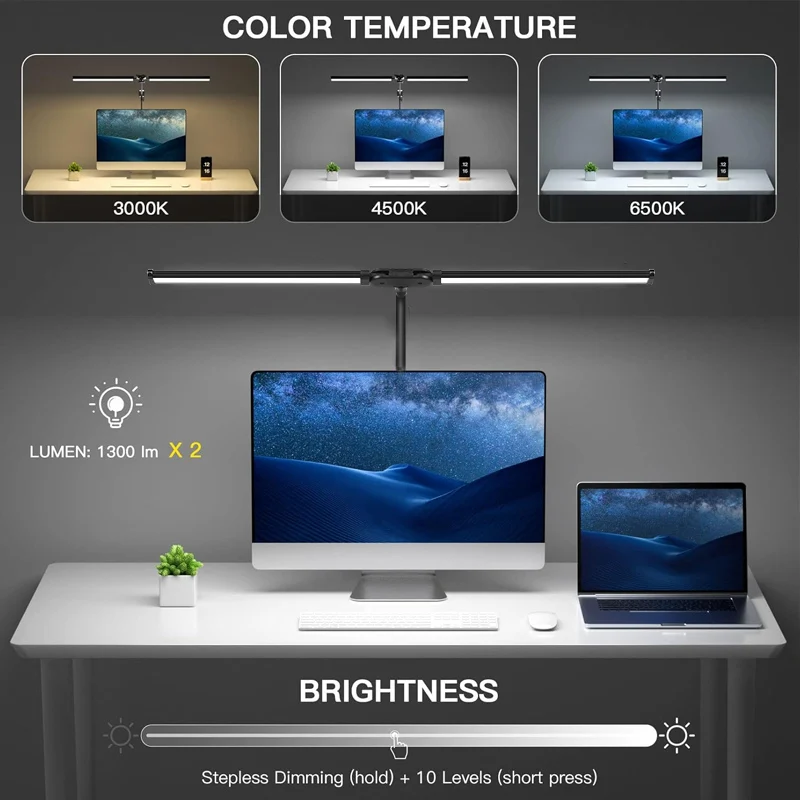 Imagem -02 - Led Dimmable Duplo Cabeça Desk Lamp Monitor de Computador Luz Reading Table Lamp Escritório de Estudo Estudo Trabalhando Usb Folding