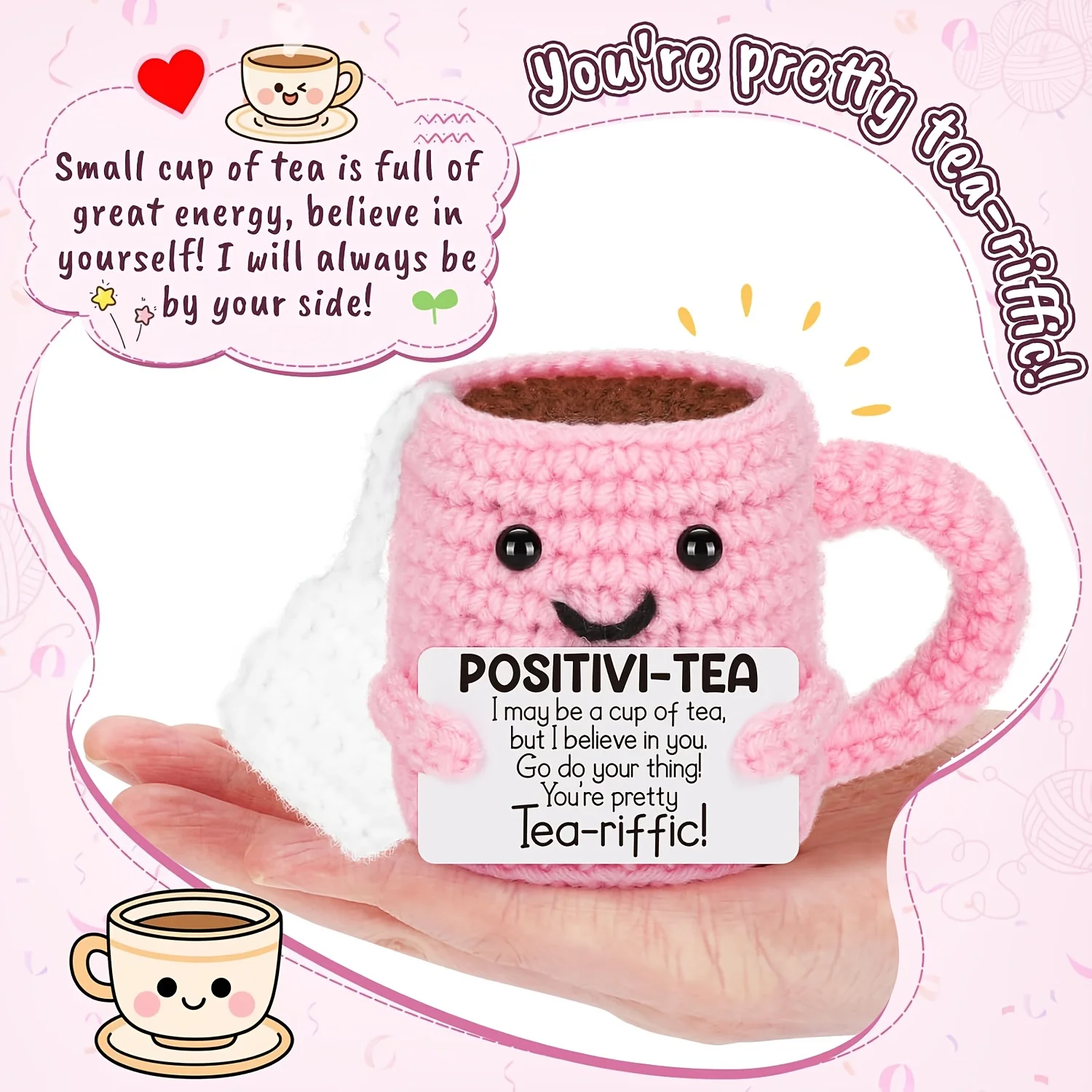 Mini Kit de tasse à thé au Crochet fait à la main, couleur rose, cadeau mignon pour enseignants, amis, décor de fête d'anniversaire, Support émotionnel