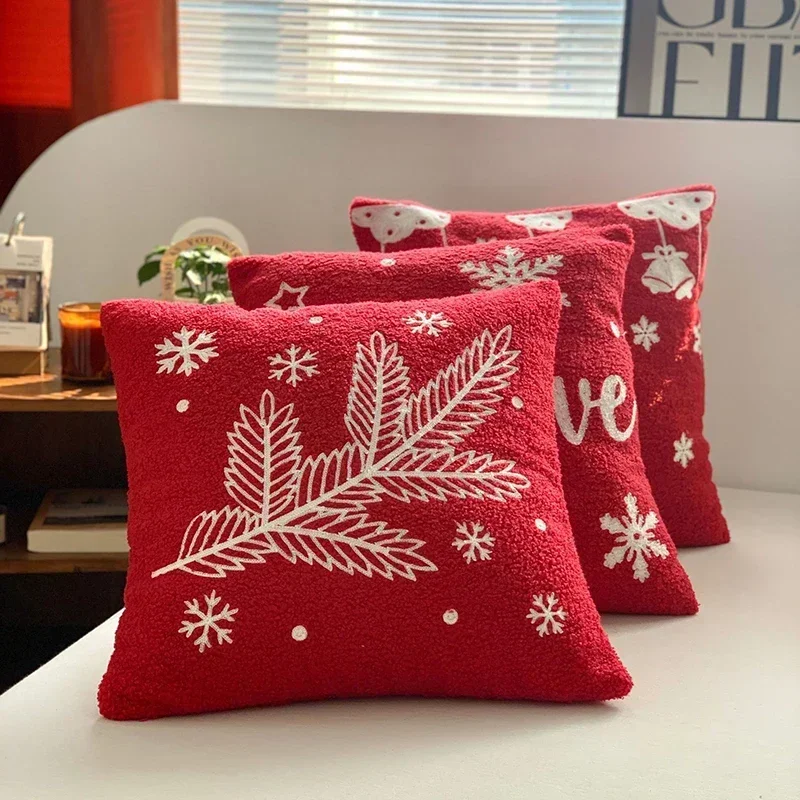 Christmas and New Year Plush Cushion Cover Red Teddy Velvet Embroidered Pillowcase Festive Joyful Home Pillow Covers Decorative