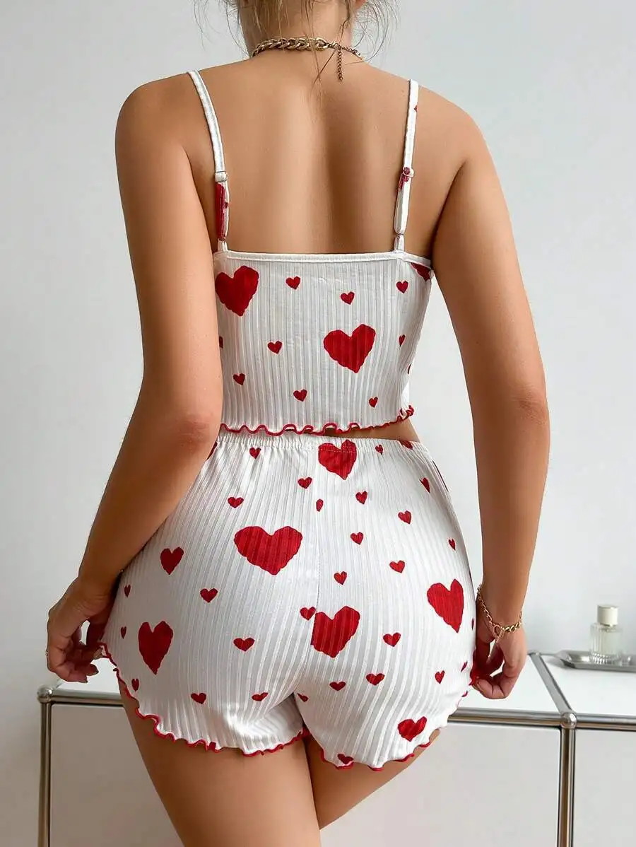 Women's Fashion Shorts Set Knitted Pit Strip Love Printed Strap Shorts Pure Desire Sleeveless Summer Sleepwear Two Piece Set