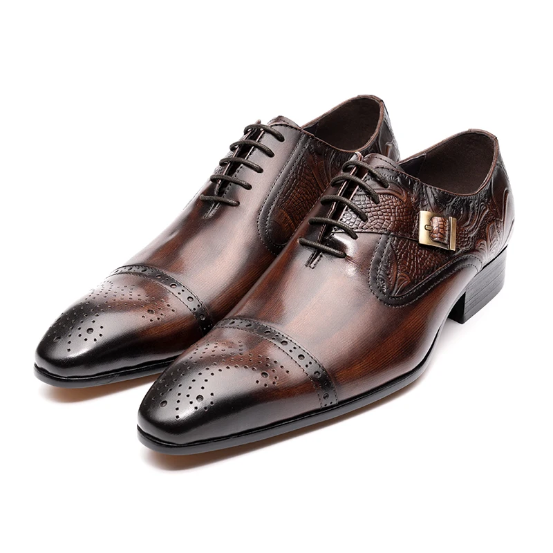 Nice Men Black Brown Leather Oxford Brogue Dress Shoes Office męska skóra Męska para z garniturami dżinsy Boczna sznurowana klamra stylowy