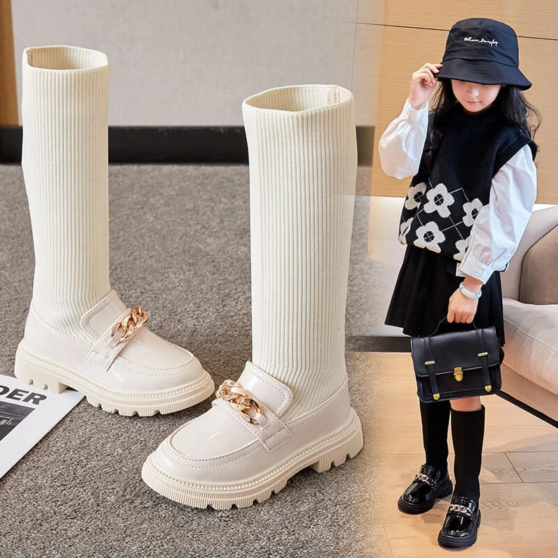 2023 New Winter Korean Over-the-knee Boot for Girls with Metal Chain Sock Boots Kids Fashion Solid Glossy Chic Girls Soft Boots