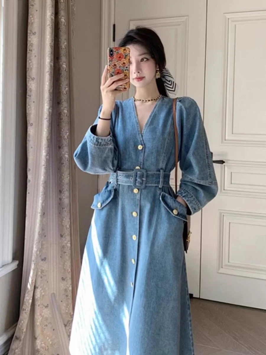 

Women's Mid-Length A-Line Denim Dr Spring Autumn New Sle European High-Quali Ele Lady Long Skirt V-Ne Zipper Clo...