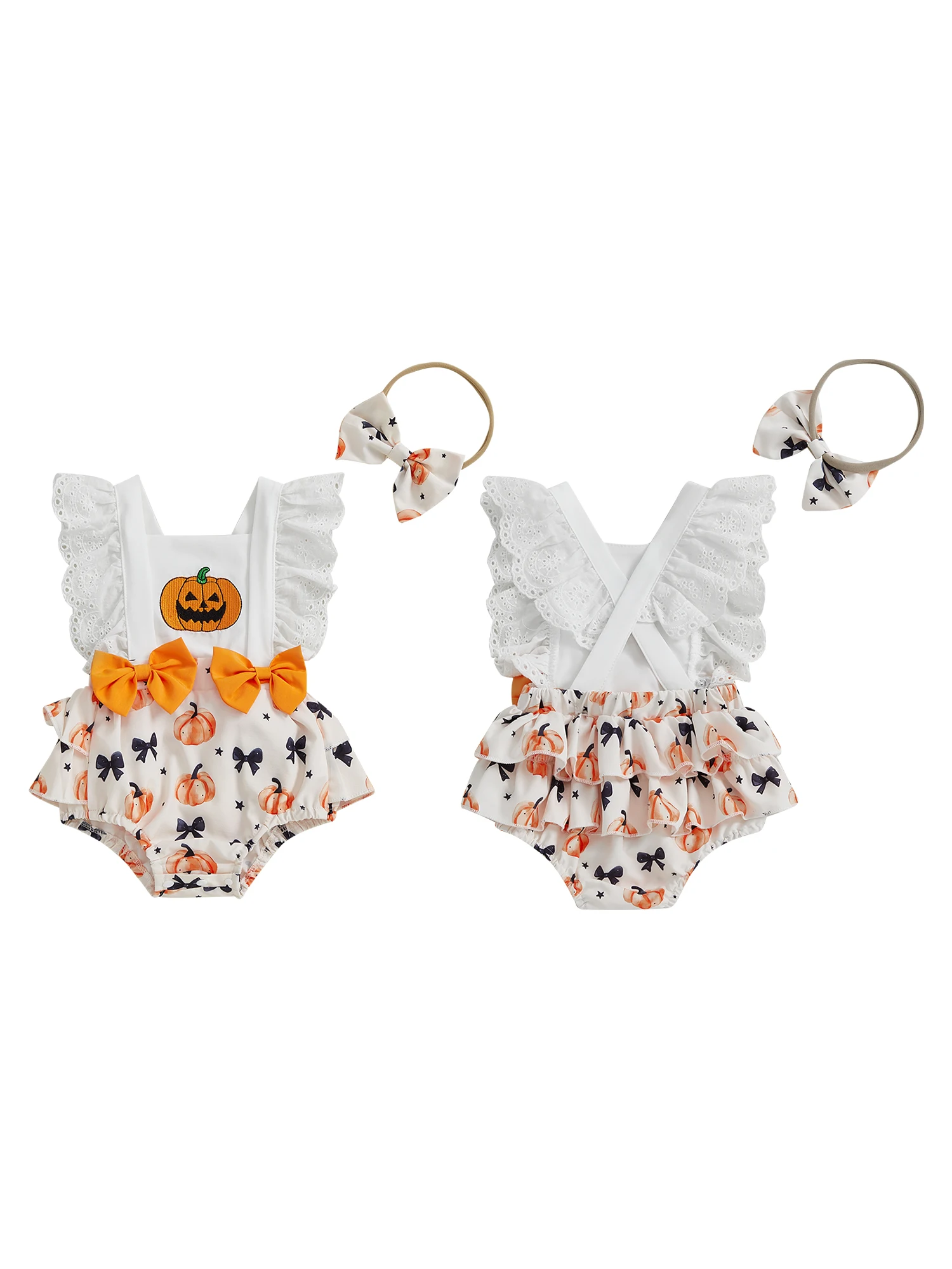 

Очаровательный детский костюм на Хэллоуин с комбинезоном с тыквенным принтом и кружевной отделкой, рюшами и подходящей повязкой на голову