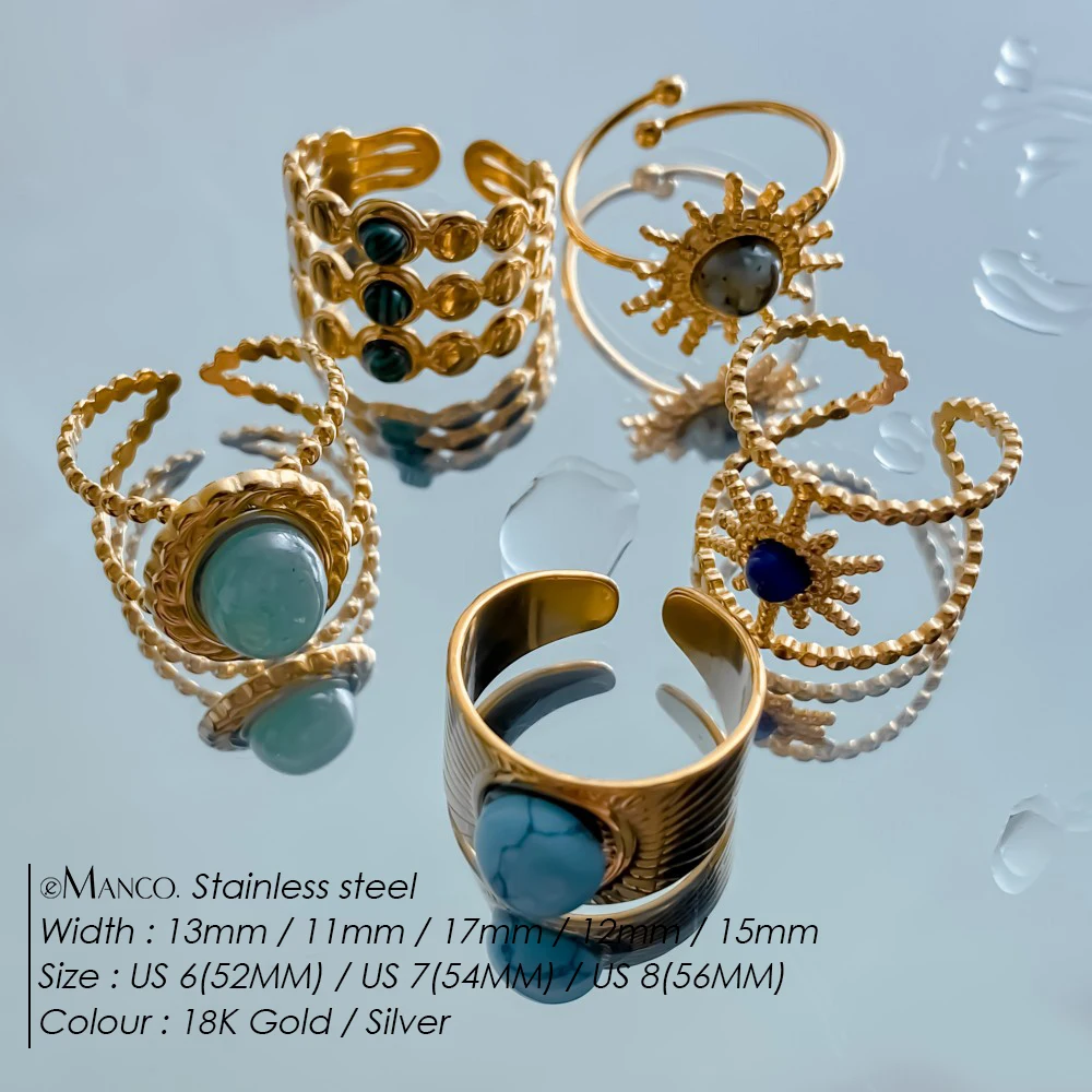 EMANCO  Stainless Steel Bohemian Style Natural Stone Embellished Ring Set Perfect for Festival Celebrations and Vacation Jewelry