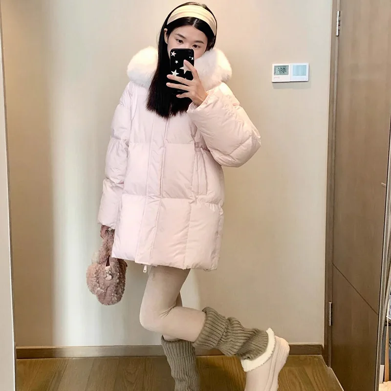 90 الأبيض بطة أسفل الشتاء الدافئ المرأة أسفل سترة 2025 جديد جودة عالية مقنعين الفراء الطبيعي طوق المرأة أسفل سترة باركر H775