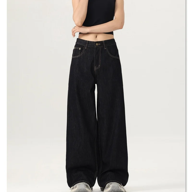 Primavera e outono nova cor básica não desbotada solta e resistente ao desgaste perna reta solta casual perna larga estilo neutro jeans