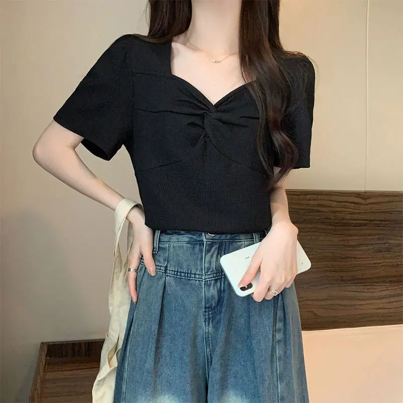 Women\'s Summer Fashion Elegant Solid Color Pleated V-neck Short Sleeve T-Shirt Women Clothes Office Lady All-match Loose Tops