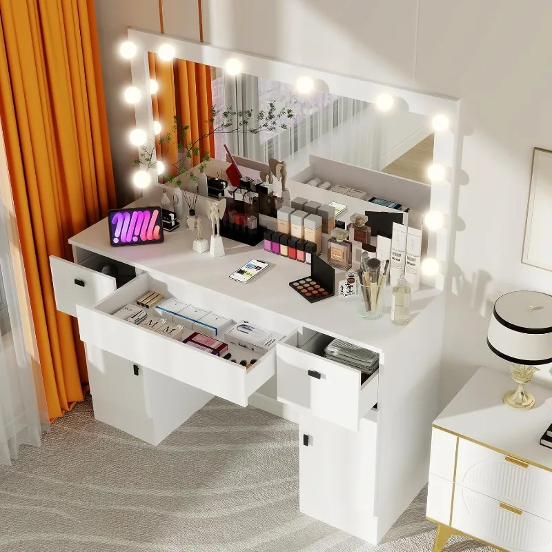 Vanity Desk with Mirror and Lights, Makeup Vanity, 3 Colors Lighting Adjustable Brightness, 3 Drawers 2 Cabinets Storage