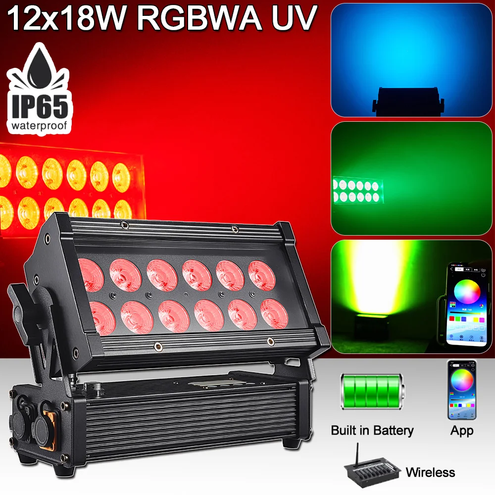 sem fio lavando efeito projector palco ao ar livre do parque do partido bateria app controle dmx ip65 impermeavel 12x18w rgbwa uv 01