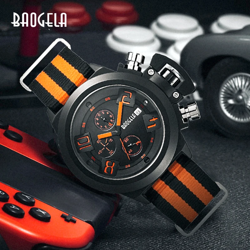 BAOGELA Military Sport Watches Men White Canvas strap Chronograph Quartz Wristwatch with Auto Date Waterproof Large Face