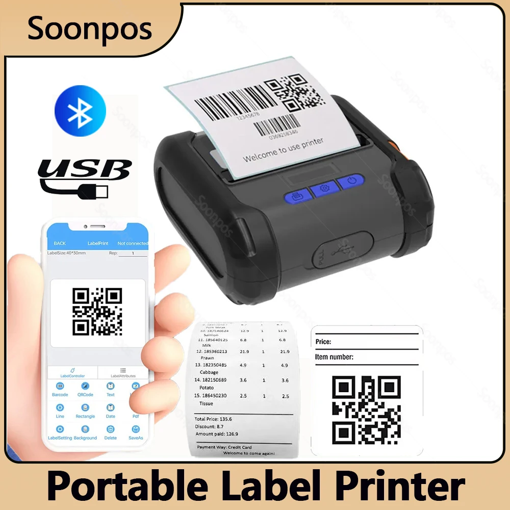 20-80mm Bluetooth USB 3 Inch Portable Barcode Label Printer Thermal Receipt 80mm Printing Dual Mode Selection Print QR Code PDF