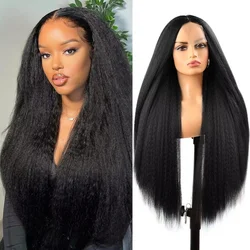 Kinky Straight 4×1 Lace Front Long Wigs for Black Women Synthetic Yaki Straight Lace Front Wig Heat Resistant Natural Black
