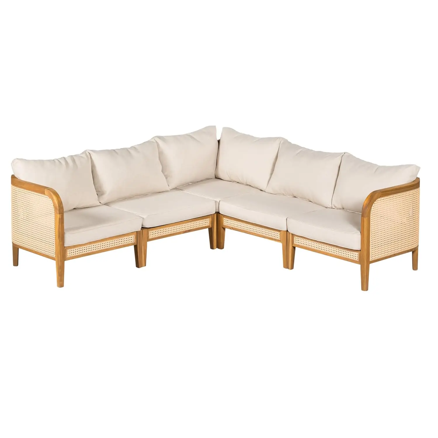 5 Piece Patio Outdoor Furniture Set, All-Weather Rattan Wicker L-Shaped Sectional Sofa w/Cushions, Acacia Wood, Customized